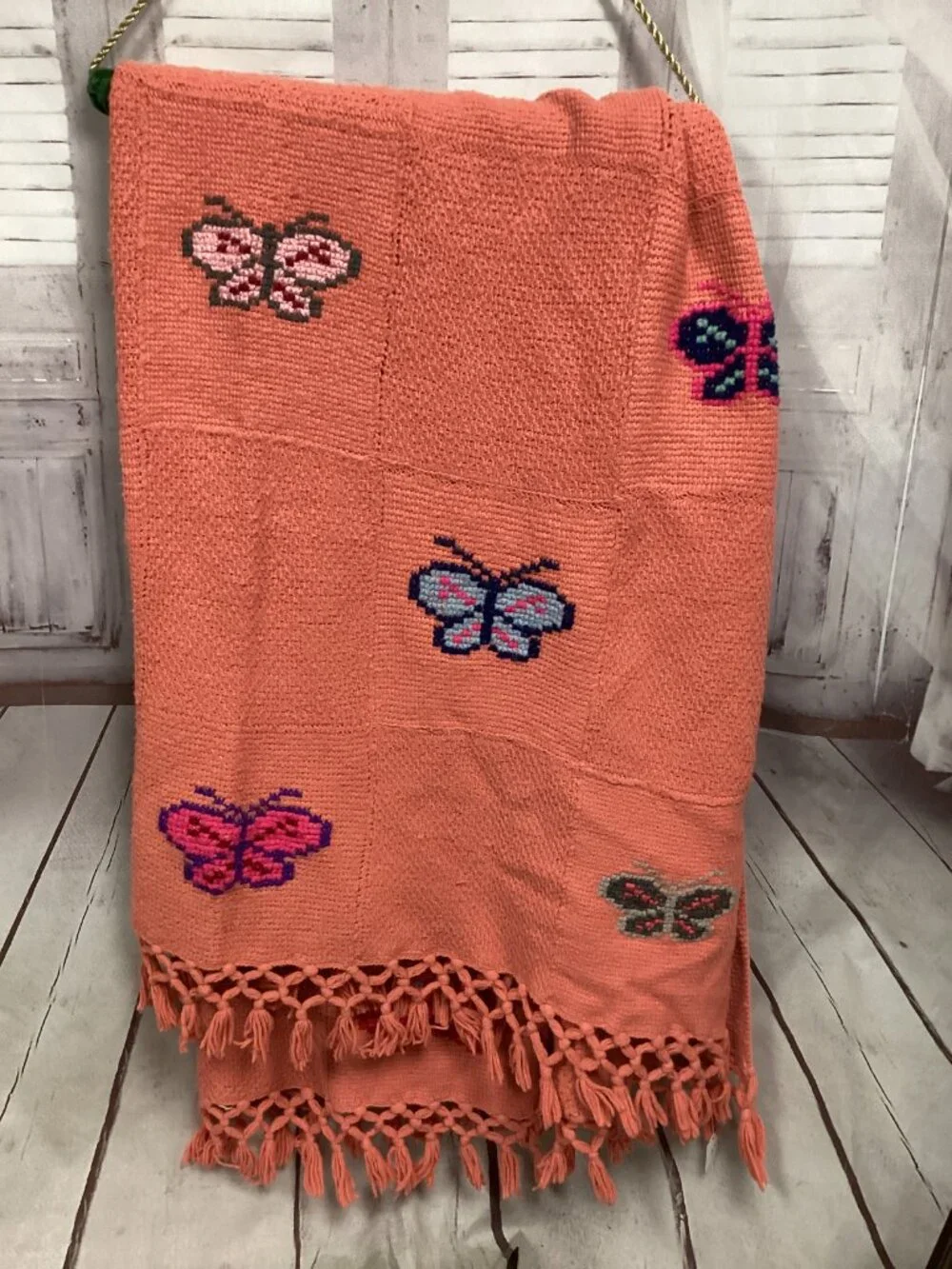 Hand Crochet Blanket Butterflies Salmon Orange Color 60x90